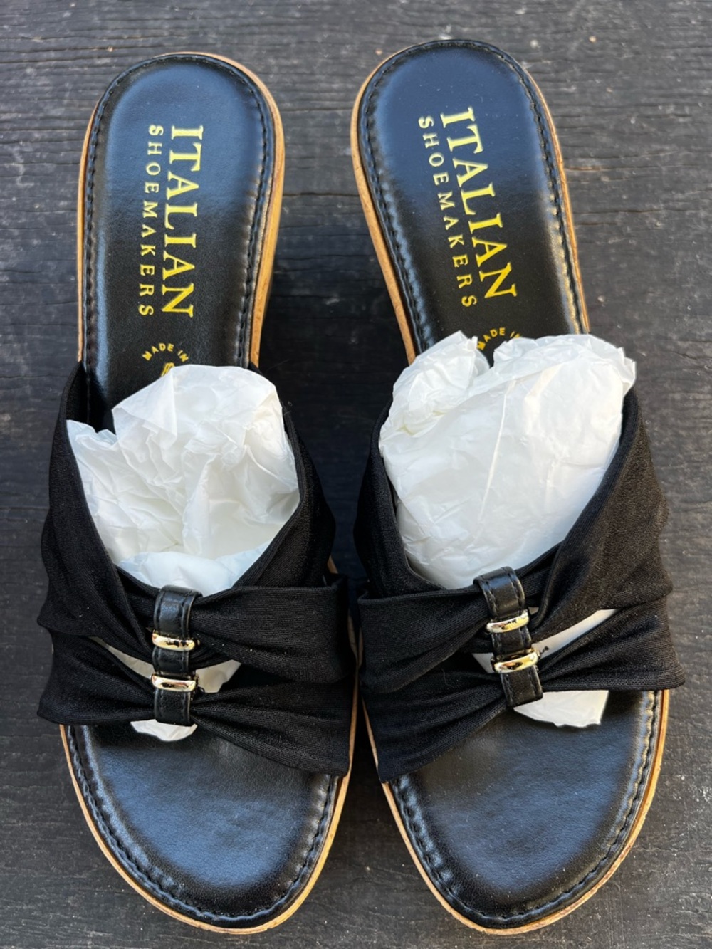 Italian Shoemakers Black Knotted Slide Mules with Gold Accents